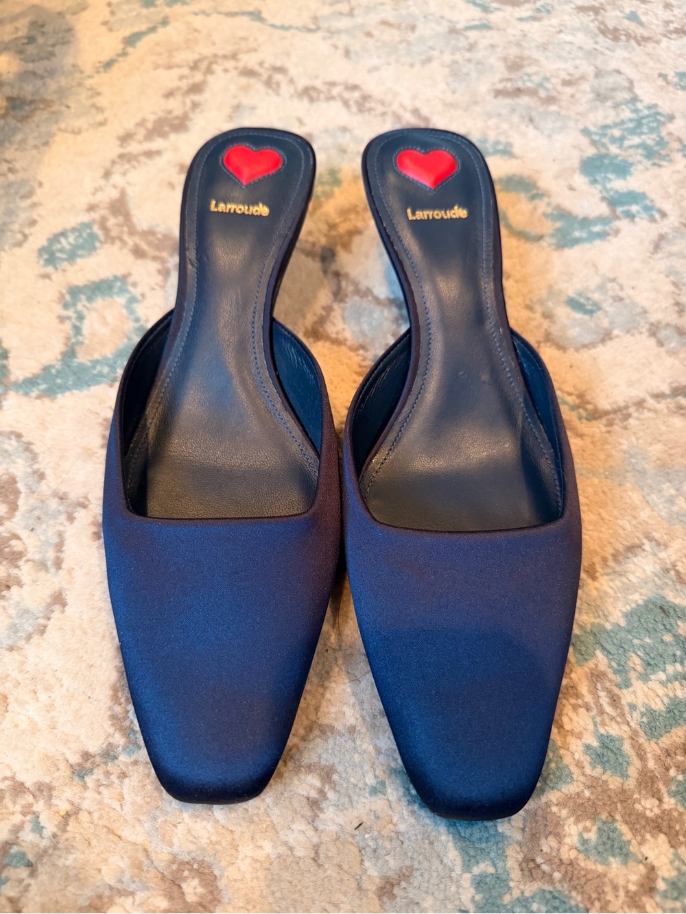 Larroudé Navy Satin Kitten Heel Mules Pumps Size 9
